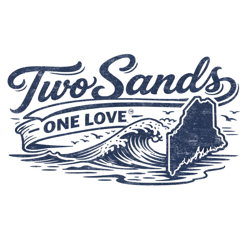 Logo of 'Two Sands One Love' with a wave and map design on a white background