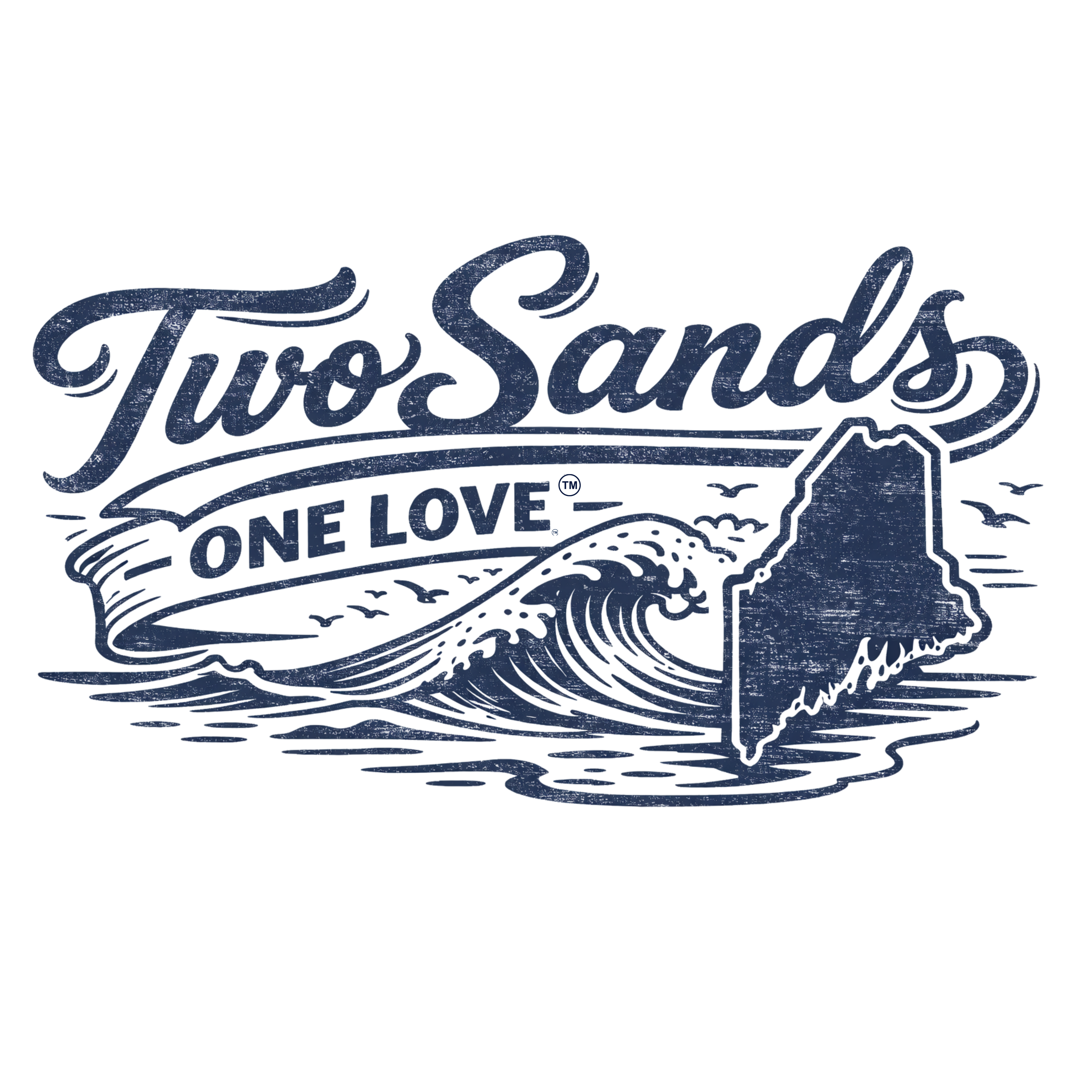 Logo of 'Two Sands One Love' with a wave and map design on a white background